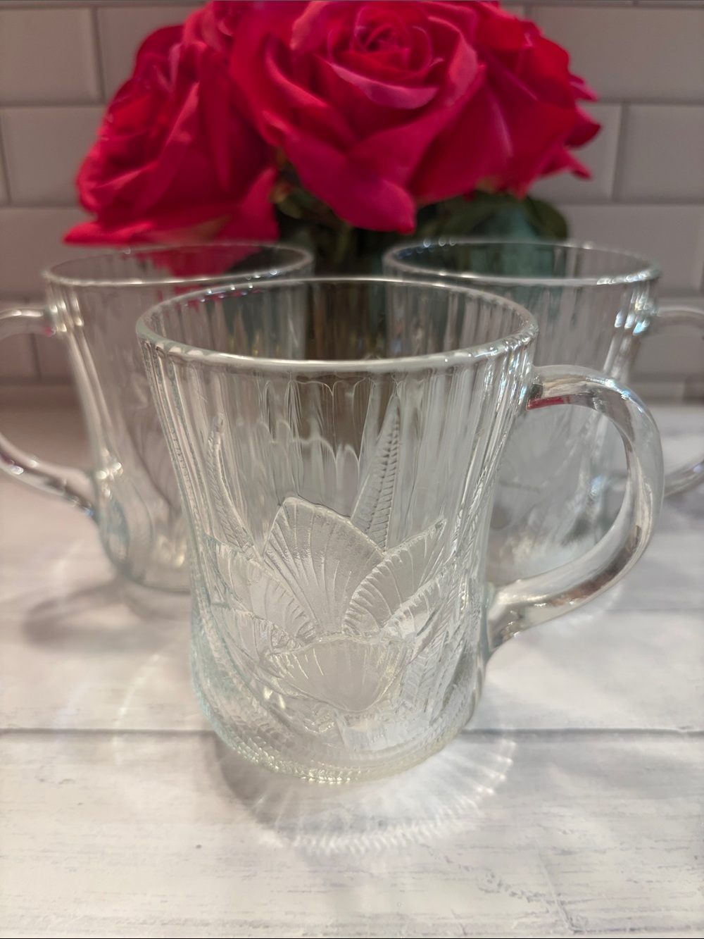 Arcoroc Canterbury Crocus design  Embossed Glass Mug Set of 3. France